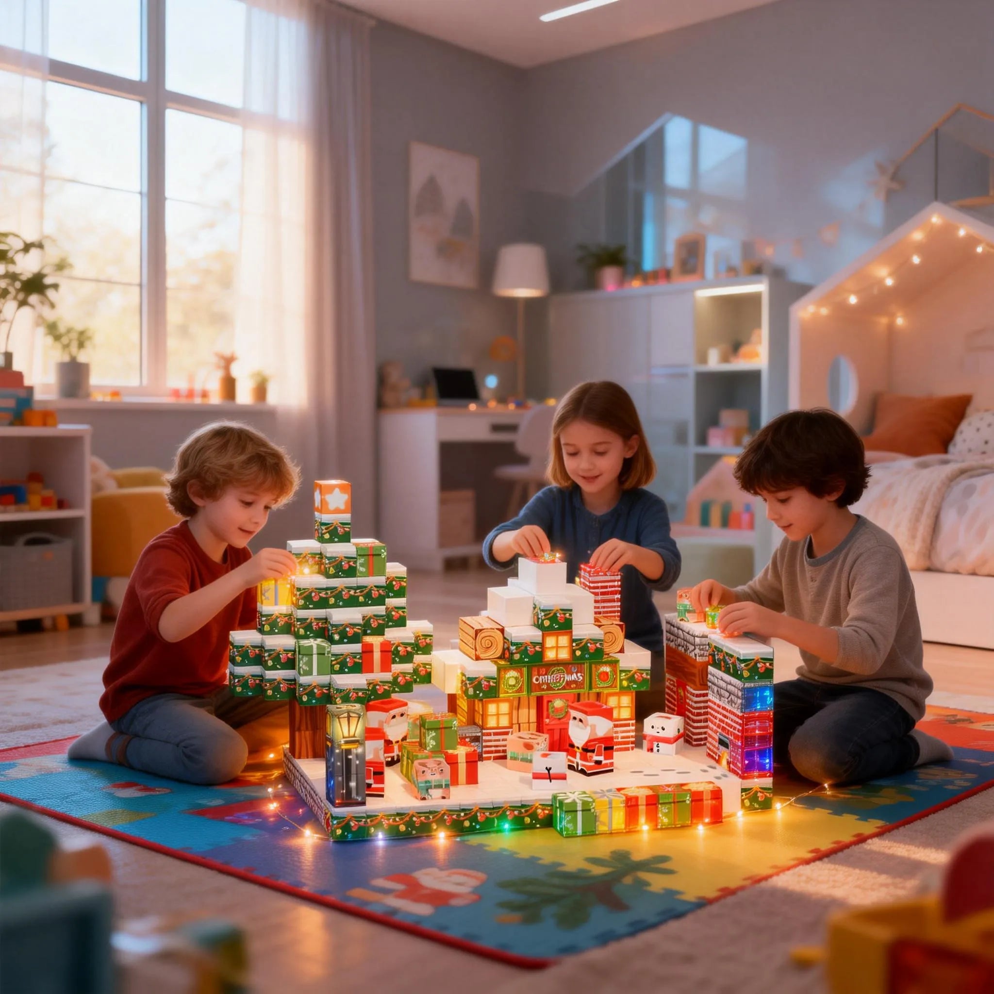 Parents and children developing fine motor skills through festive magnetic block play